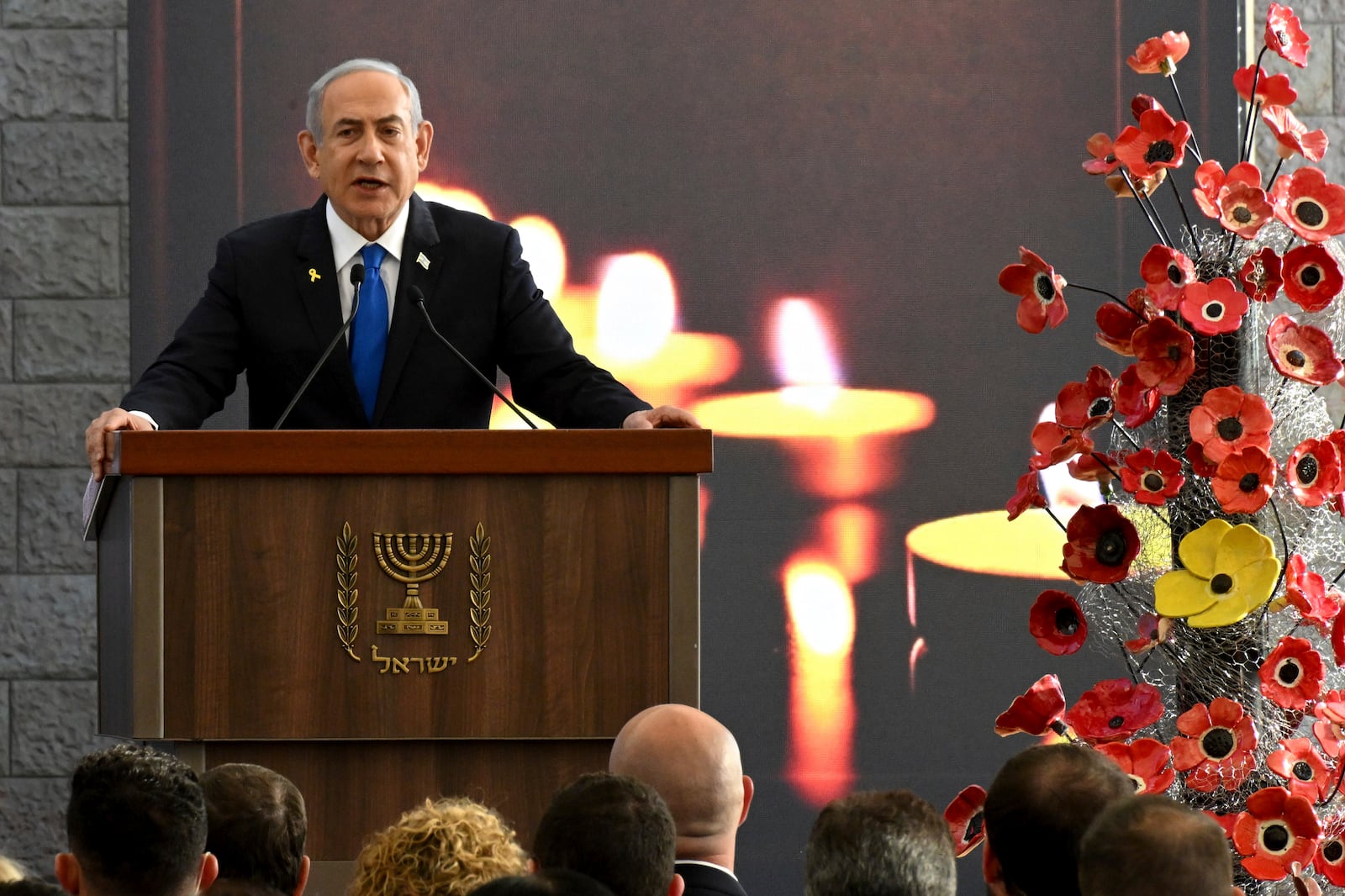 FILE - Israeli Prime Minister Benjamin Netanyahu speaks at a memorial ceremony for those killed by Hamas during the Oct. 7, 2023 attack, in Jerusalem, Oct. 28, 2024. (Debbie Hill, Pool Photo via AP, File)