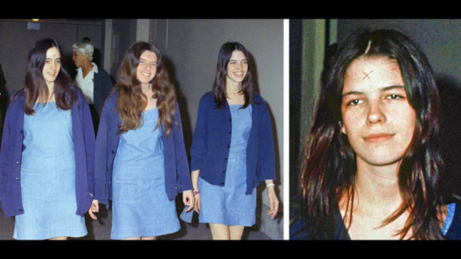 Pictured on their way to court in an Aug. 20, 1970, photo are Manson followers Susan Atkins, from left, Patricia Krinwinkel and Leslie Van Houten. At right is a close-up of the "X" Van Houten carved on her forehead after Manson carved his own. AP Photo