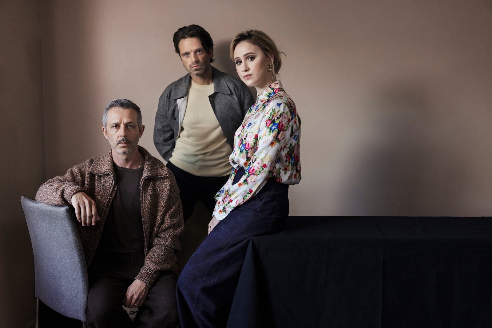 Jeremy Strong, from left, Sebastian Stan and Maria Bakalova pose for a portrait to promote the film "The Apprentice" on Tuesday, Oct. 8, 2024, in New York. (Photo by Victoria Will/Invision/AP)