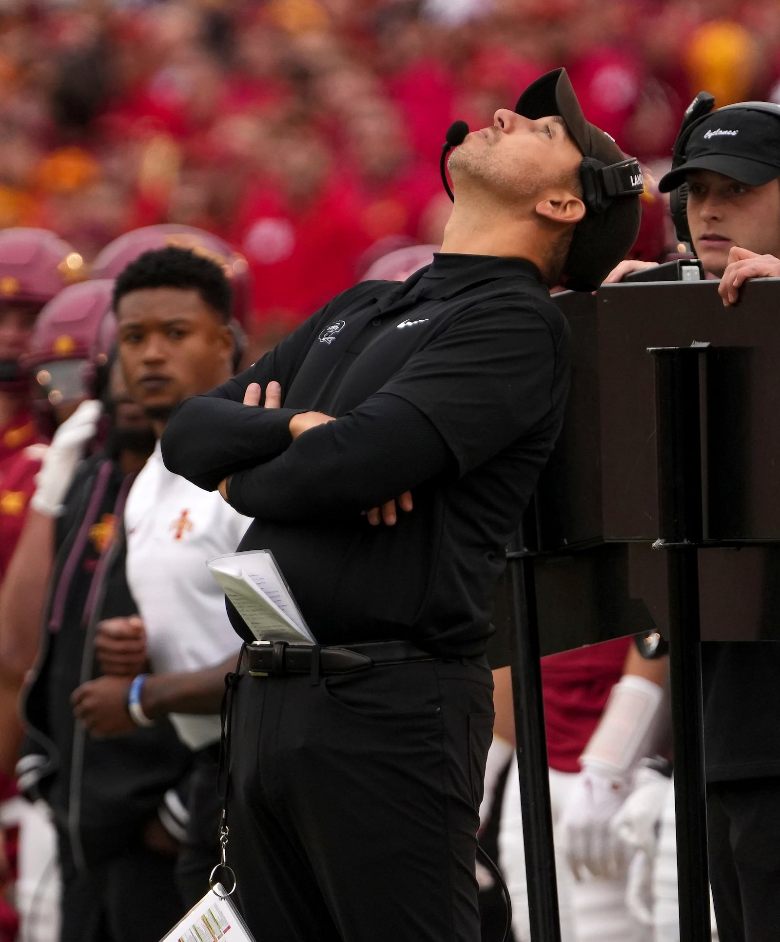 Iowa State head football coach Matt Campbell reacts after his team failed to convert on a fourth down against Texas Tech during the first half of an NCAA college football game, Saturday, Nov. 2, 2024, in Ames, Iowa. (AP Photo/Bryon Houlgrave)