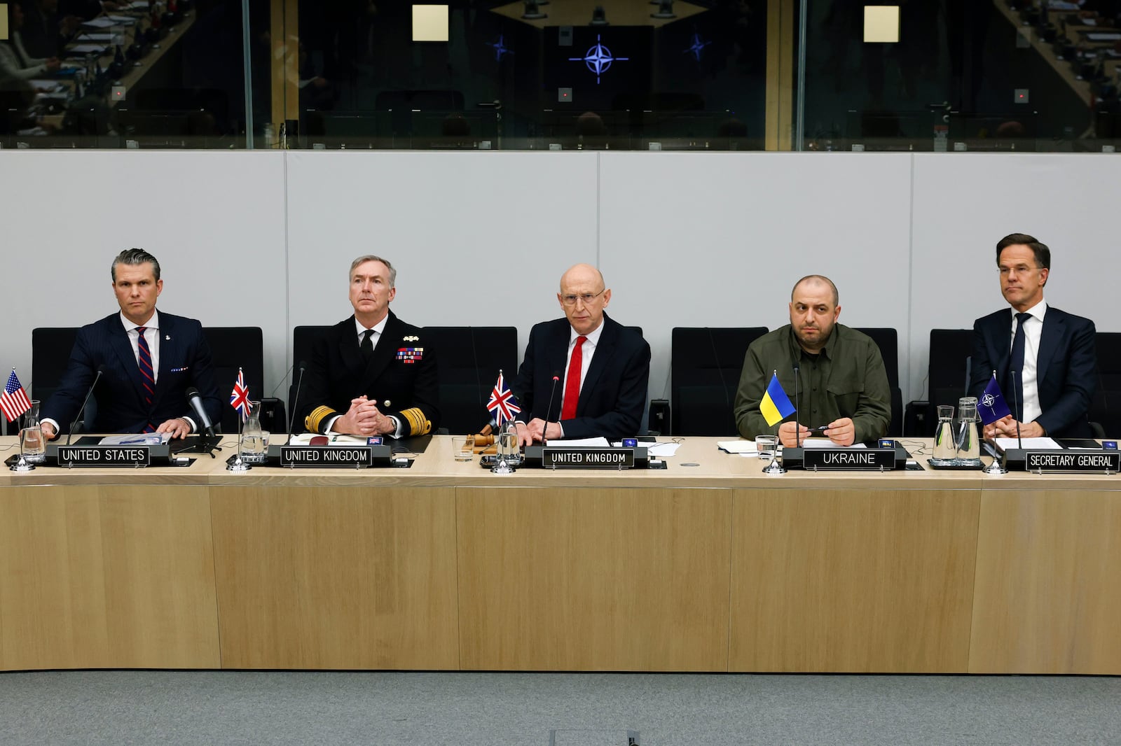 From left, United States Secretary of Defense Pete Hegseth, Britian's Chief of Defense Admiral Sir Tony Radakinleft, Britain's Defense Secretary John Healey, Ukraine's Defense Minister Rustem Umerov, and NATO Secretary General Mark Rutte attend a meeting of the Ukraine Defense Contact group at NATO headquarters in Brussels, Wednesday, Feb. 12, 2025. (AP Photo/Omar Havana)