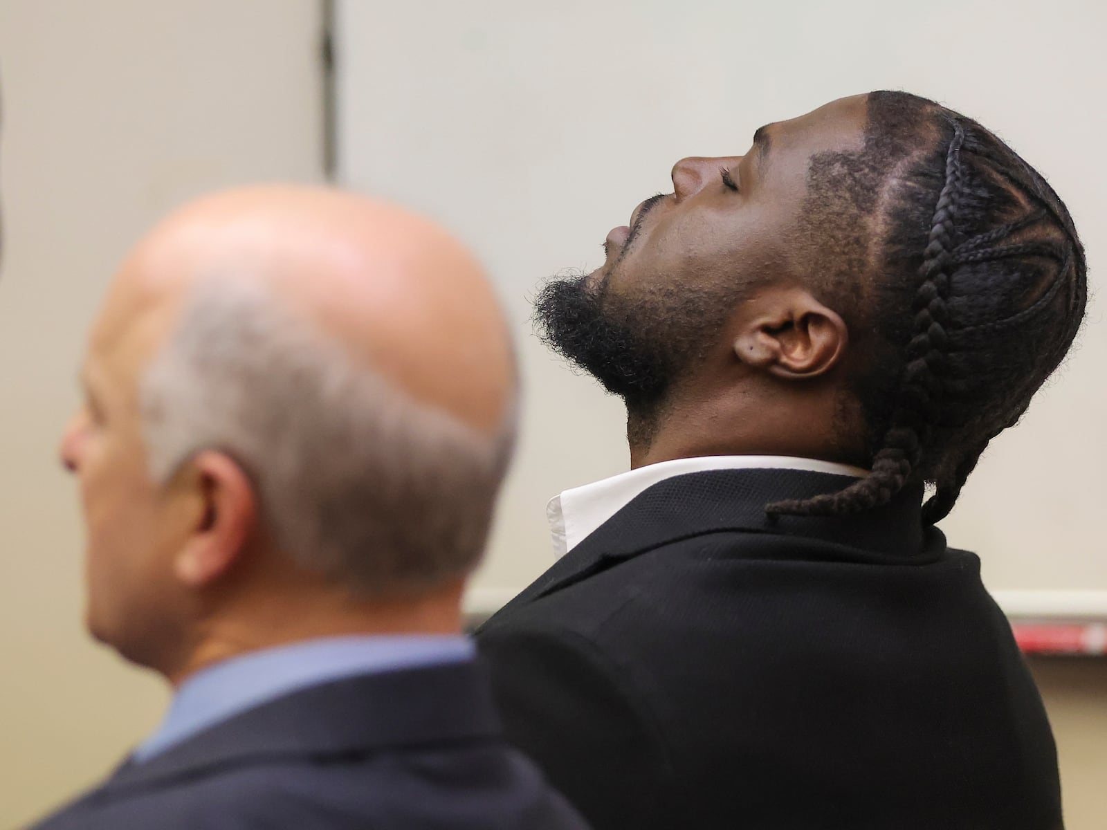 New England Patriots safety Jabrill Peppers, beside his attorney Marc Brofsky, reacts after a jury found him not guilty in his assault and battery trial, Friday, Jan. 24, 2025, in Quincy, Mass. (Matthew J Lee/The Boston Globe via AP, Pool)