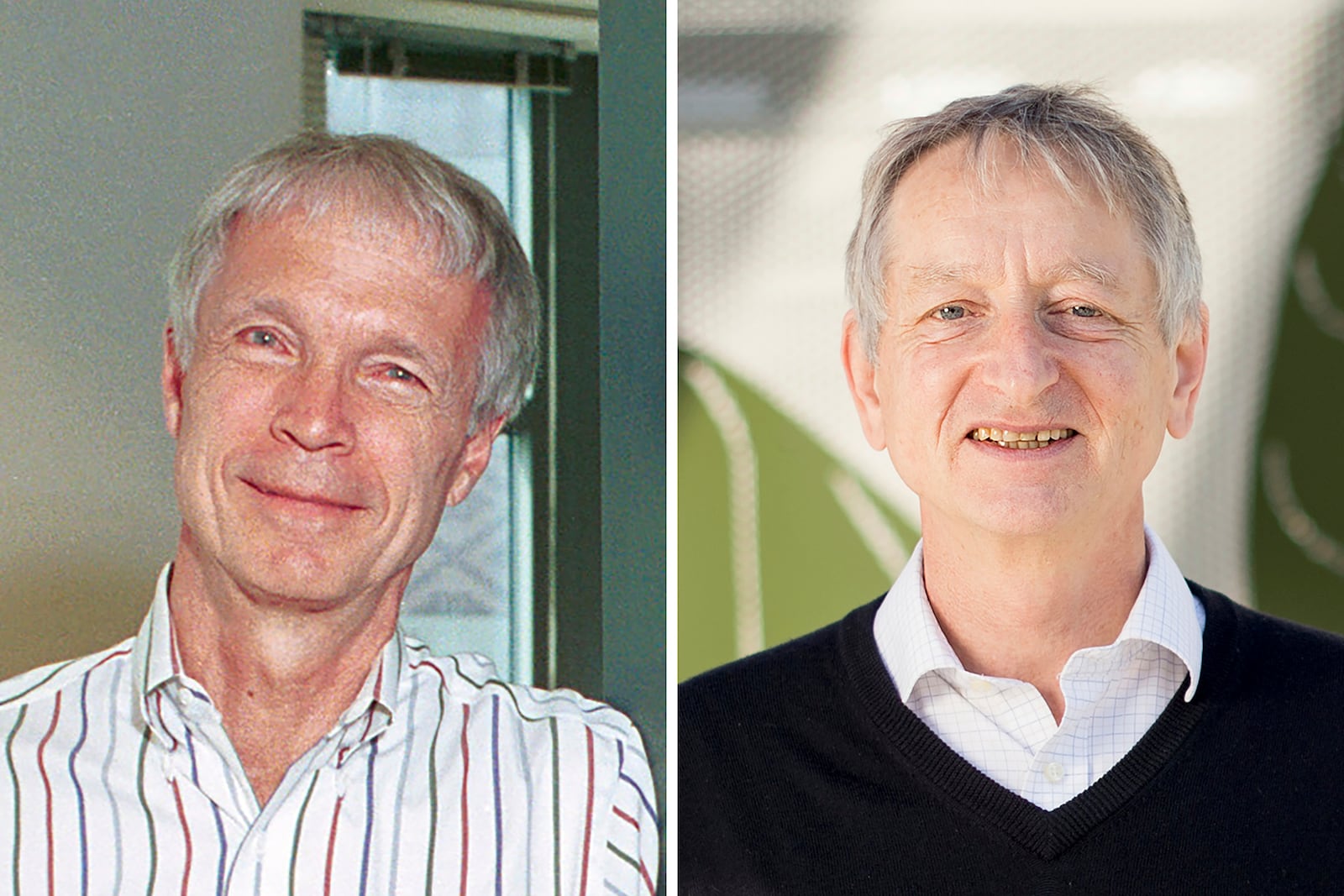 This photo combo shows the 2024 Nobel Prize winners in Physics, professor John Hopfield, left, of Princeton University, and professor Geoffrey Hinton, of the University of Toronto, Tuesday, Oct. 8, 2024. (Princeton University via AP and Noah Berger/AP Photo)