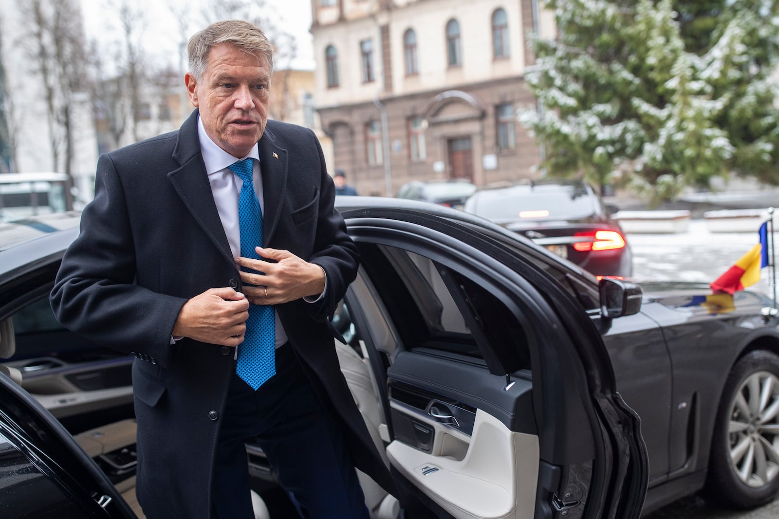 FILE - Romania's President Klaus Iohannis arrives in the symposium "The Idea of Europe" in Kaunas, Lithuania, Friday, Nov. 25, 2022. (AP Photo/Mindaugas Kulbis, File)