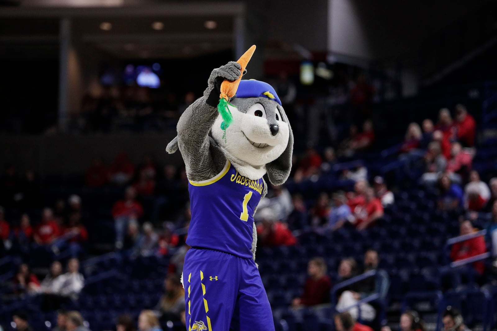 South Dakota State mascot Jack the Jackrabbit performs during the second half of a first-round college basketball game between Utah and South Dakota State in the NCAA Tournament in Spokane, Wash., Saturday, March 23, 2024. (AP Photo/Young Kwak)