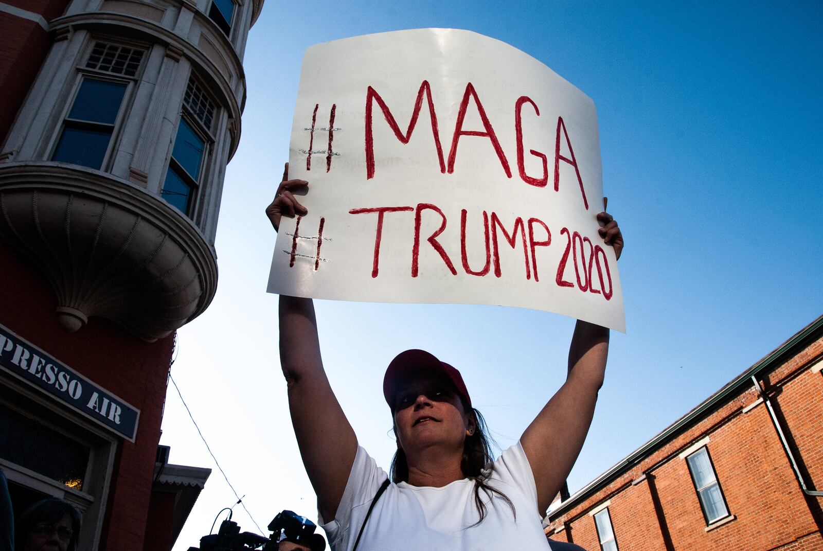 Supporters of President Trump near the Democratic debate site in Westerville Tuesday. Photo by Whitney Saleski.