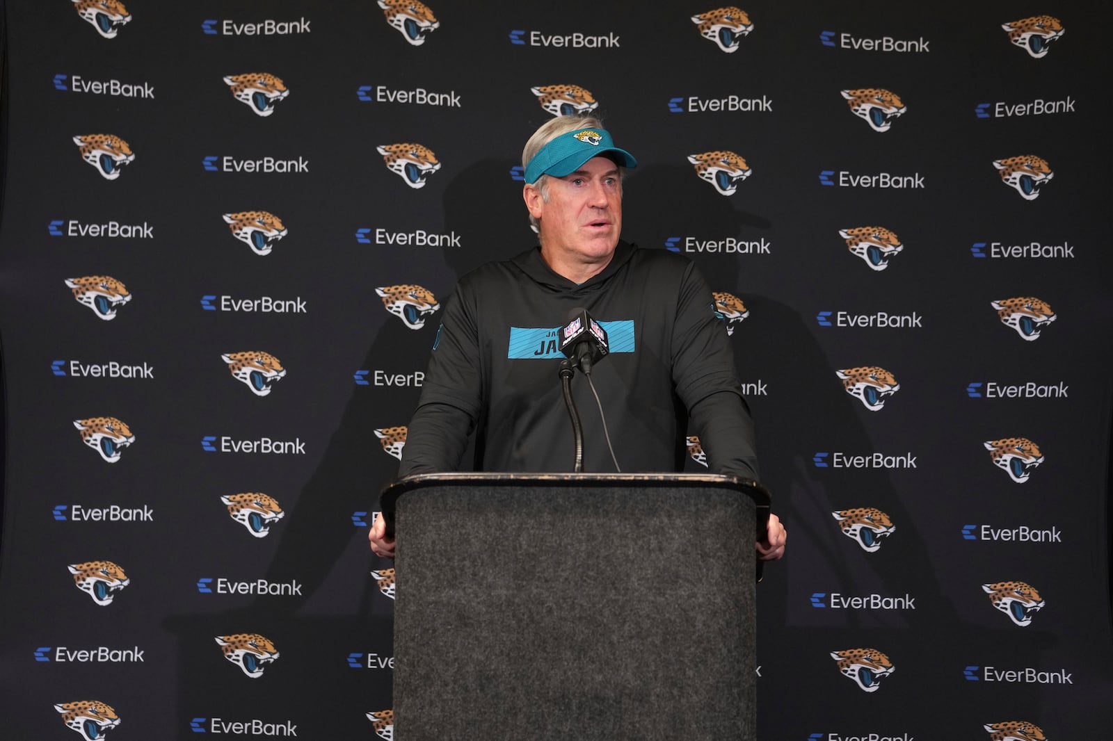 Jacksonville Jaguars head coach Doug Pederson speaks during a news conference after an NFL football game against the Indianapolis Colts, Sunday, Jan. 5, 2025, in Indianapolis. The Colts won 26-23 in overtime. (AP Photo/Michael Conroy)