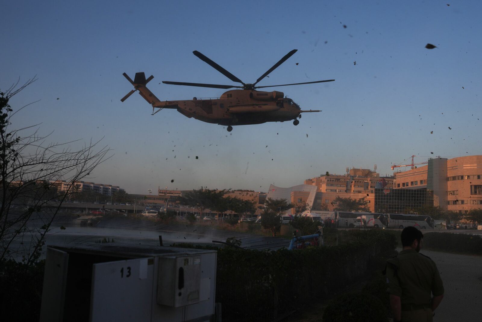 An Israeli military helicopter carrying Arbel Yehoud, who has been held hostage by Hamas in Gaza since October 7, 2023, arrives at the Sheba Hospital in Ramat Gan, Israel, Thursday, Jan. 30, 2025. after she was released from Gaza as part of the Israel-Hamas ceasefire deal. (Photo/Ohad Zwigenberg)