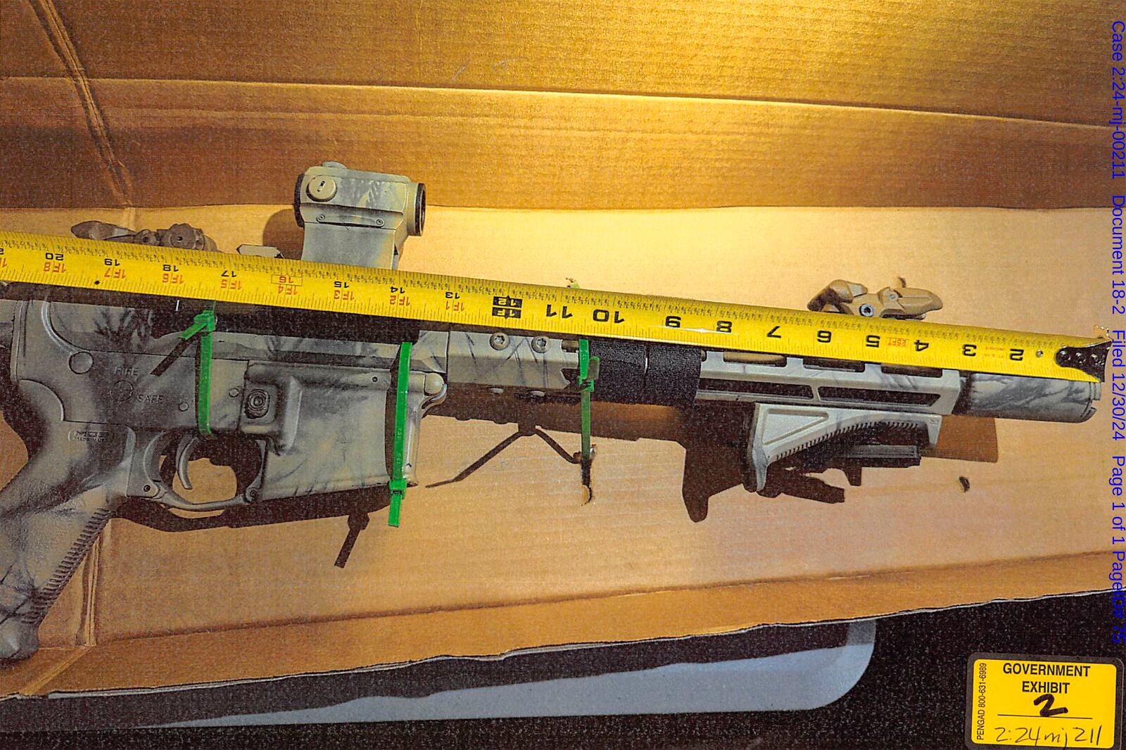 This image provided by U.S. Attorney’s Office, Eastern District of Virginia shows a rifle seized when they arrested Brad Spafford, a Virginia man on a firearms charge in Dec. 2024. (U.S. Attorney’s Office, Eastern District of Virginia via AP)