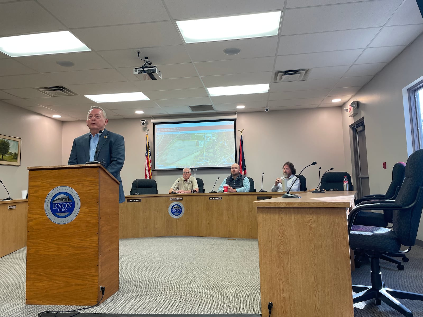 Leaders of the Village of Enon and Mad River Twp. met in April at the Enon Government Center to announce the recent purchase of land intended for a future sports complex.