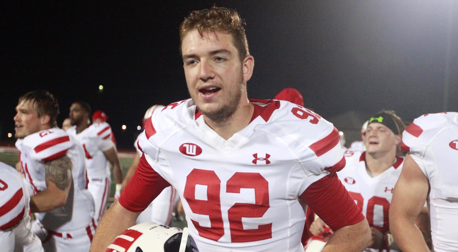 Wittenberg’s Will Gingery leaves the field after a victory against Ohio Wesleyan on Saturday, Sept. 17, 2016, at Selby Stadium in Delaware. David Jablonski/Staff