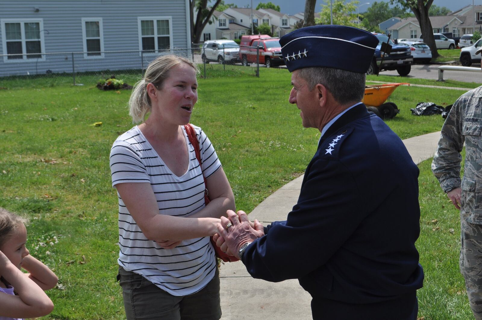 Gen. David Goldfein, Air Force chief of staff, visited the Prairies at Wright Field on Friday. The housing neighborhood for Wright-Patterson Air Force Base personnel was damaged in a tornado Monday night. Goldfein met a family that was displaced by the tornado.