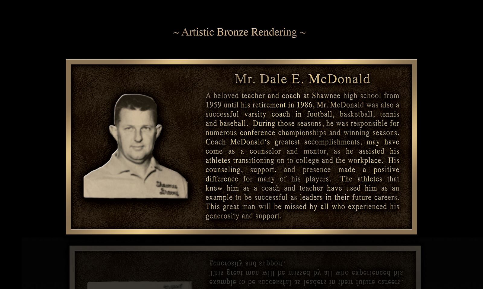 Shawnee High School alumni are wrapping up fundraising for this plaque to honor the late Dale McDonald, who coached and taught history and driver education there from 1963-85. Courtesy of Dale McDonald Memorial Fund