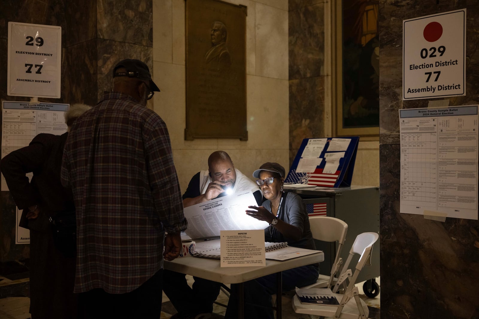 Volunteers check the ballots at the Bronx County Supreme Court in New York on Election Day, Tuesday, Nov. 5, 2024. (AP Photo/Yuki Iwamura)