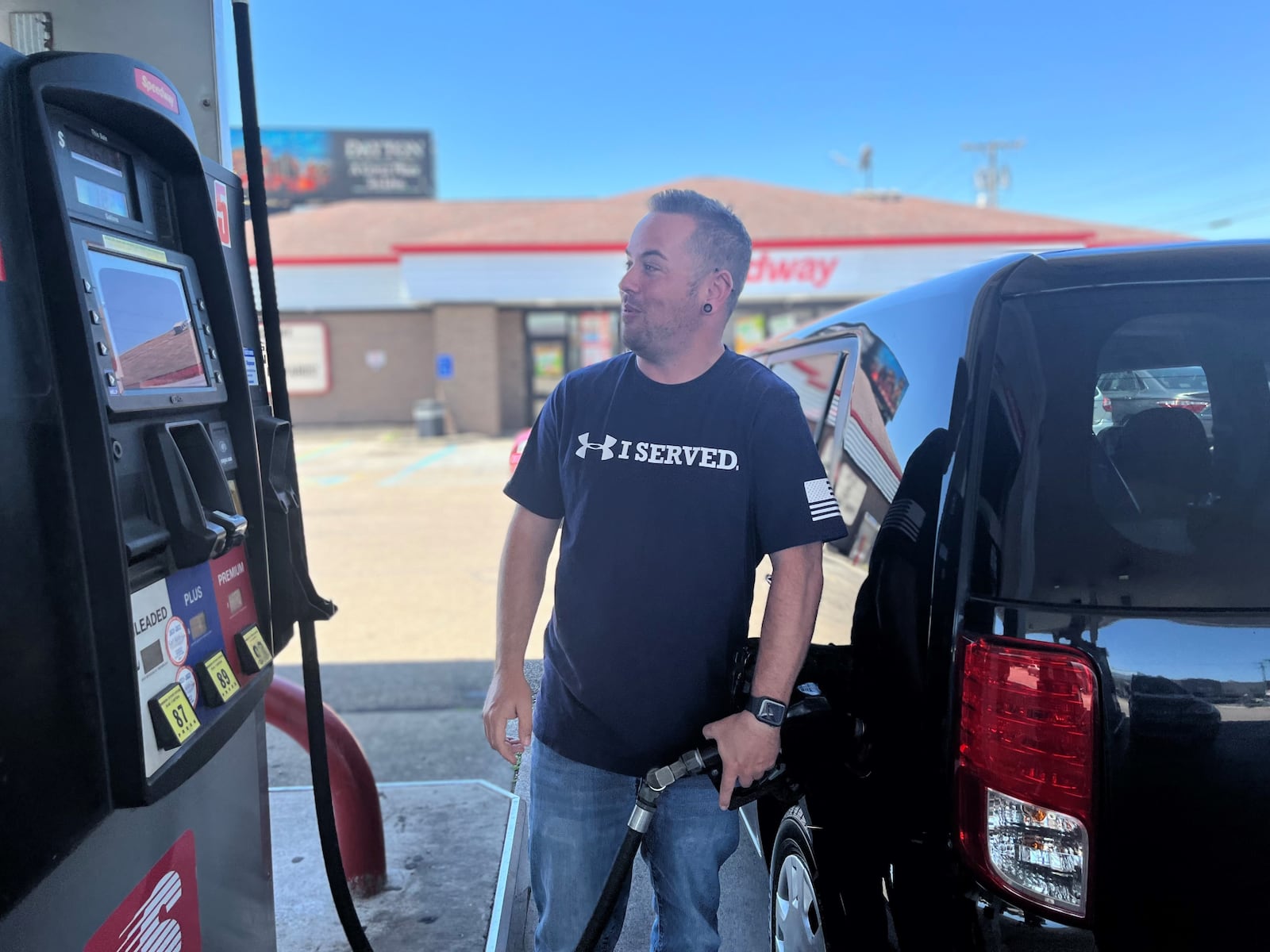 Dustin Shepherd, 36, of Miamisburg, fills up at a gas station in Dayton on Friday. Regular unleaded gas cost $4.79 at some local stations. CORNELIUS FROLIK / STAFF