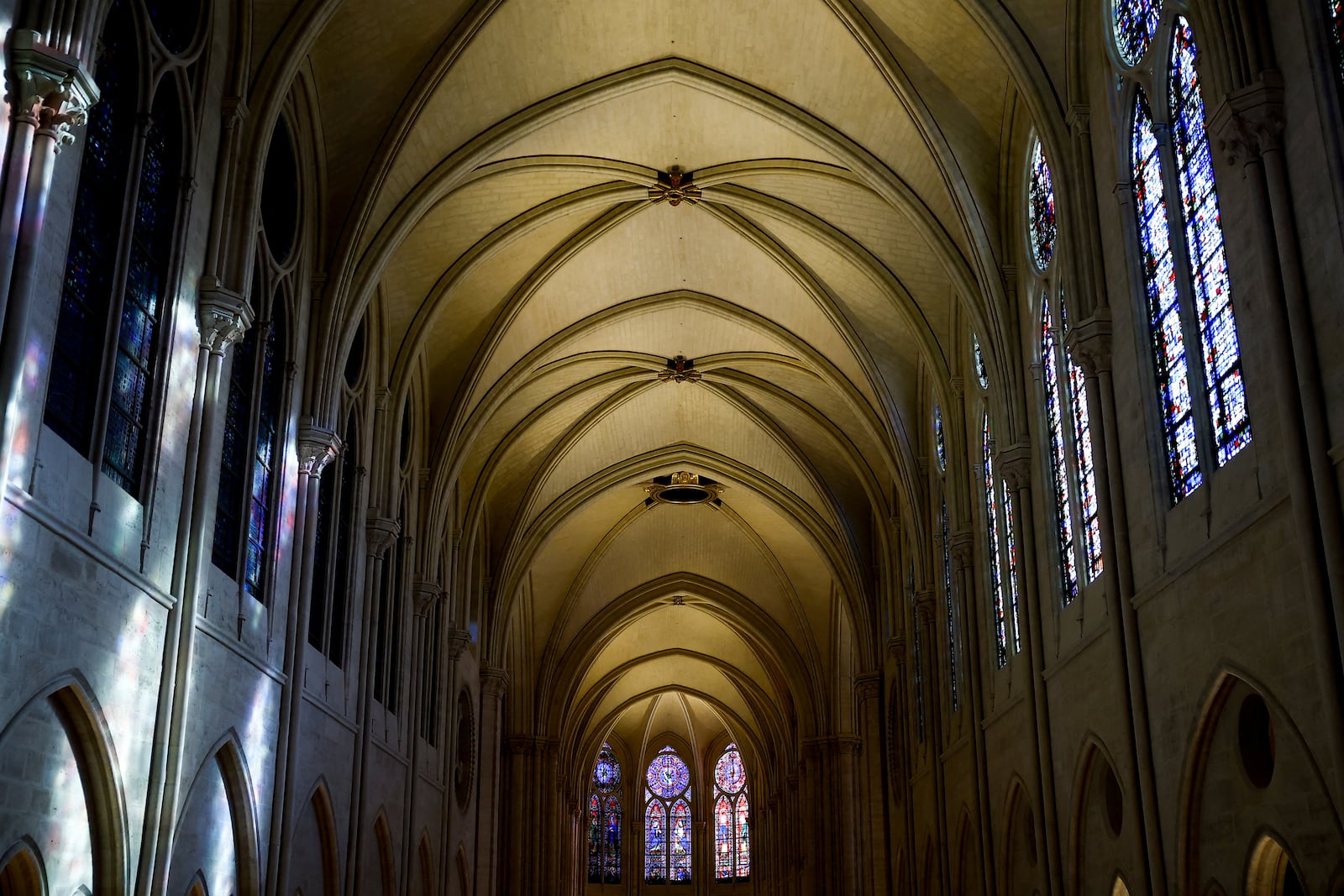 The vaulted ceiling of the Notre-Dame cathedral is seen while French President Emmanuel Macron visits the restored interiors of the monument, Friday, Nov. 29, 2024 in Paris. (Sarah Meyssonnier/Pool via AP)