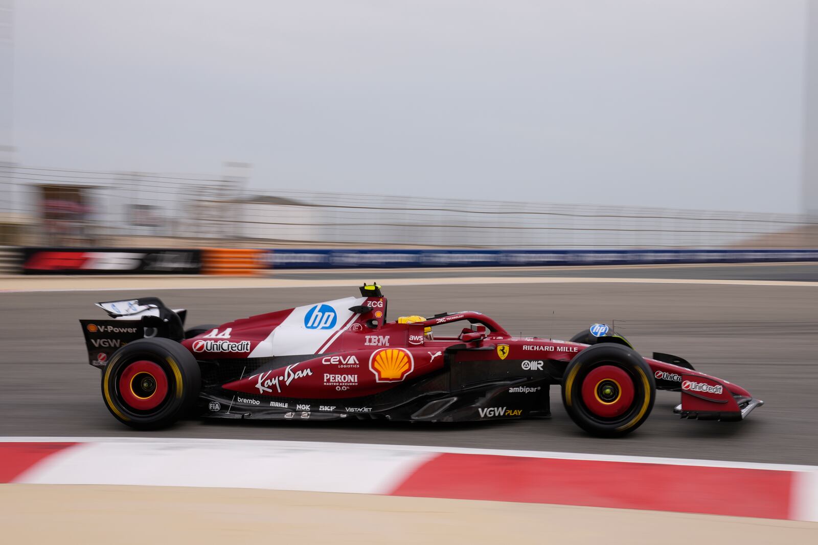 Ferrari driver Lewis Hamilton of Britain in action during a Formula One pre-season test at the Bahrain International Circuit in Sakhir, Bahrain, Wednesday, Feb. 26, 2025. (AP Photo/Darko Bandic)