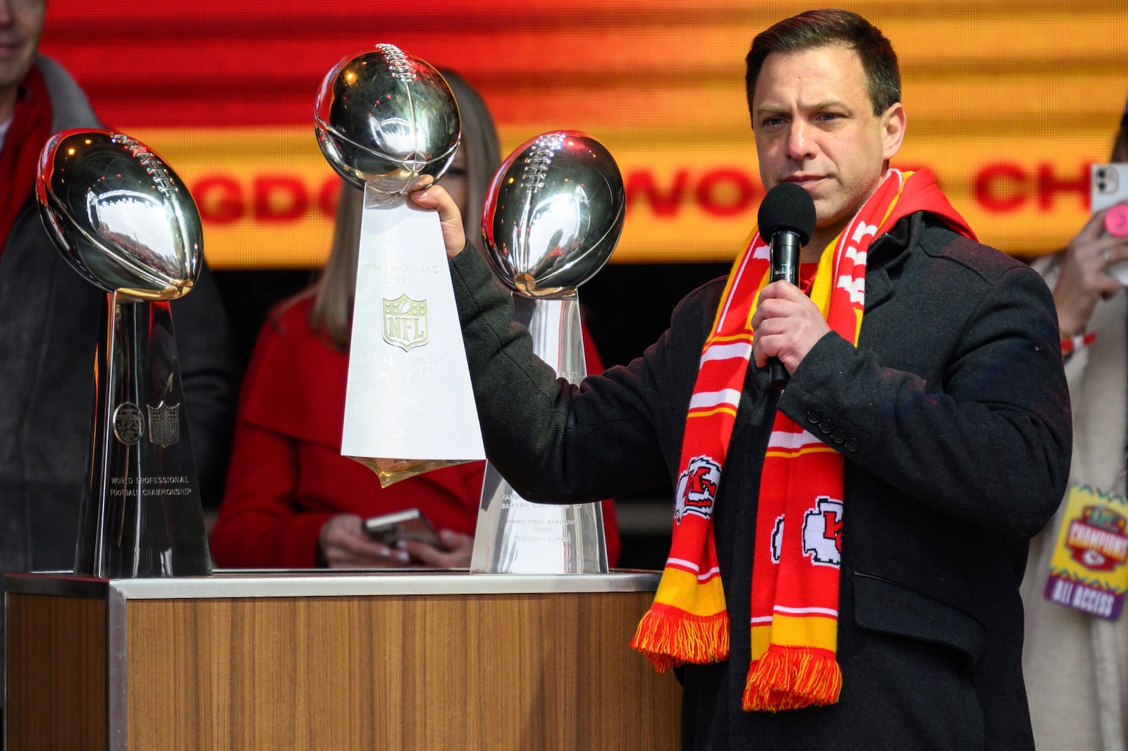 FILE - Kansas City Chiefs general manager Brett Veach holds up the Chiefs' third Super Bowl Trophy, during a victory celebration in Kansas City, Mo., Wednesday, Feb. 15, 2023. The Chiefs defeated the Philadelphia Eagles on Sunday in the NFL Super Bowl 57 football game. (AP Photo/Reed Hoffmann)