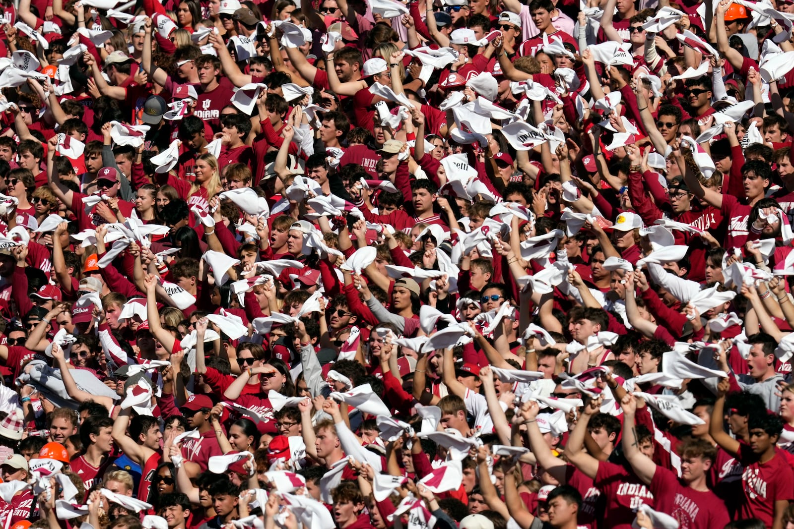 Indiana students cheer during the first half of an NCAA college football game between Indiana and Washington, Saturday, Oct. 26, 2024, in Bloomington, Ind. (AP Photo/Darron Cummings)