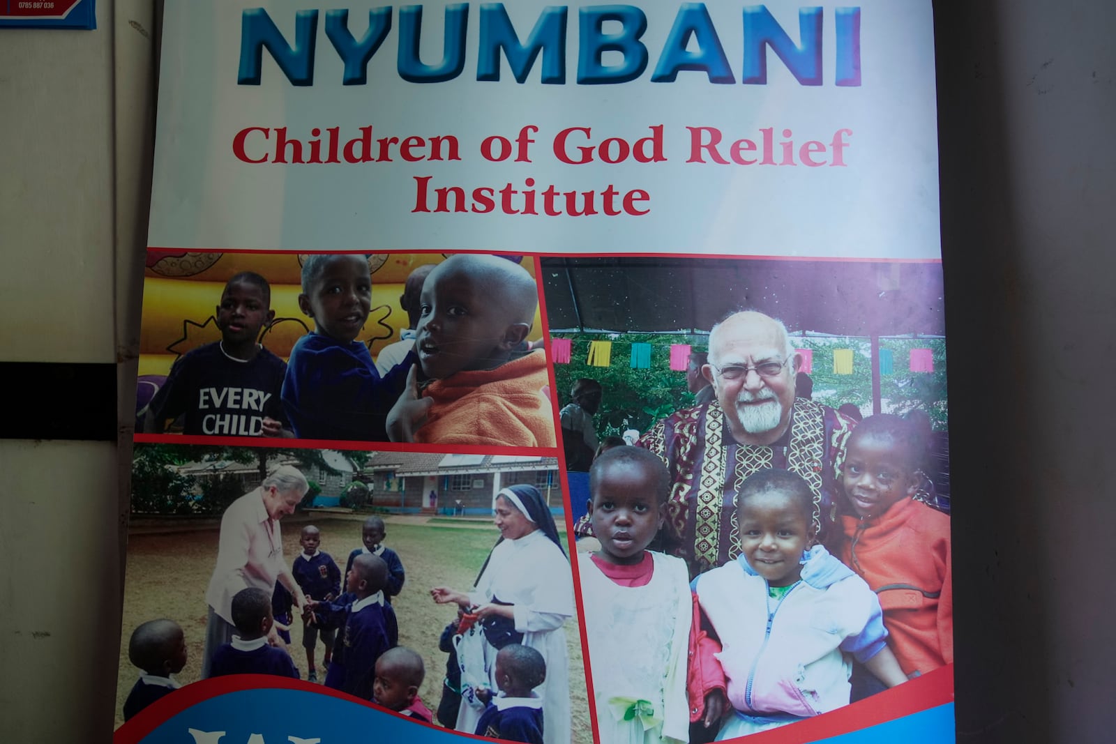 A banner hangs at the Nyumbani Children's Home, the orphanage which is heavily reliant on foreign donations and cares for children with HIV whose parents died of the disease and provides them with housing, care, and PEPFAR supplied anti-retroviral drugs in Nairobi, Kenya Thursday, Oct. 6, 2025. (AP Photo/Brian Inganga)