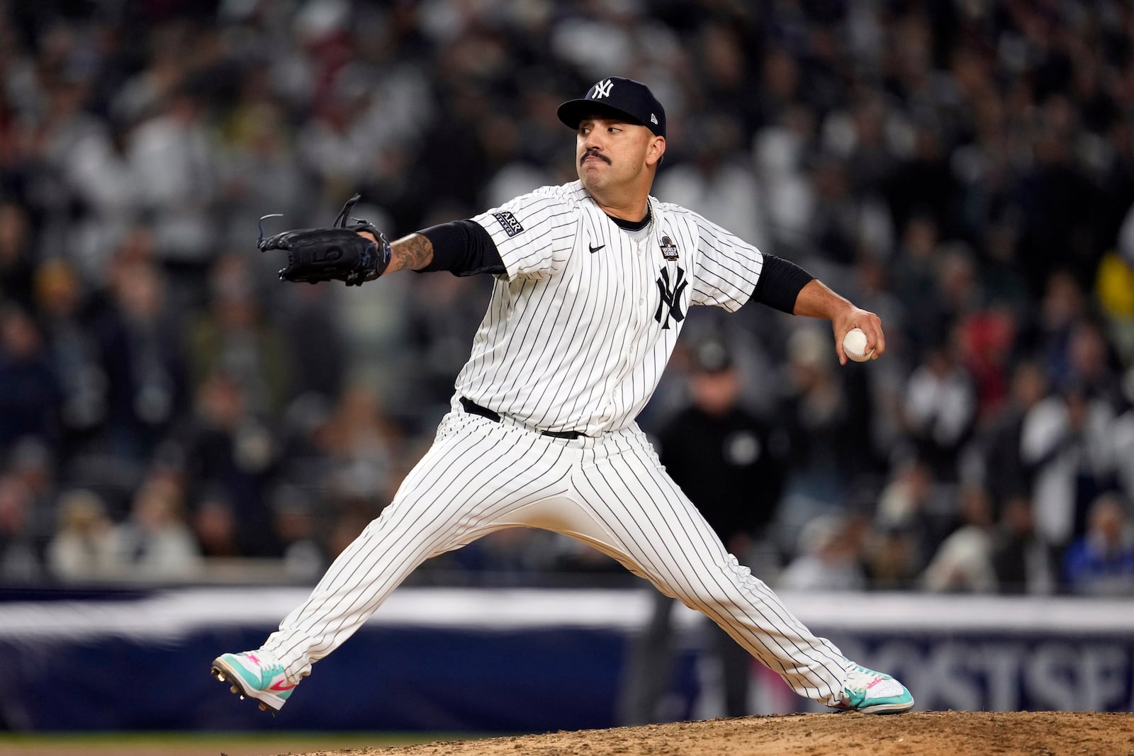 FILE - New York Yankees pitcher Nestor Cortes throws against the Los Angeles Dodgers during the fourth inning in Game 3 of the baseball World Series, Monday, Oct. 28, 2024, in New York. (AP Photo/Godofredo A. Vásquez, File)