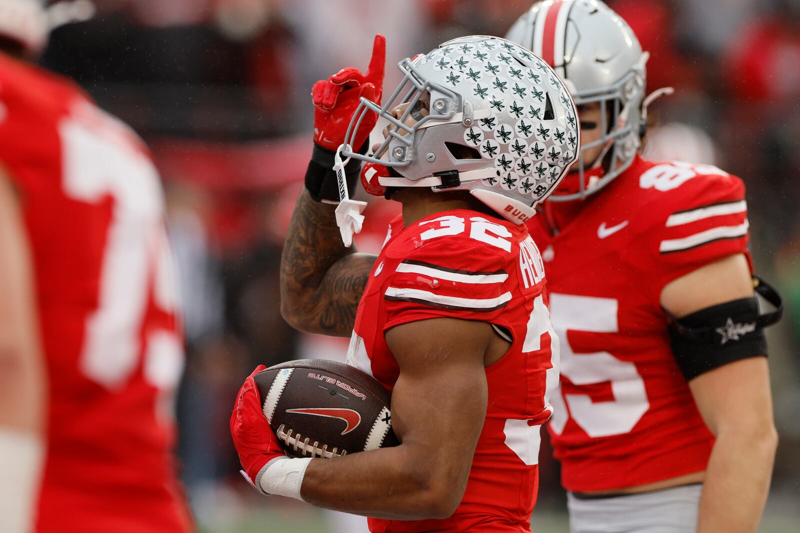 Ohio State running back TreVeyon Henderson celebrates his touchdown against Indiana during the first half of an NCAA college football game Saturday, Nov. 23, 2024, in Columbus, Ohio. (AP Photo/Jay LaPrete)