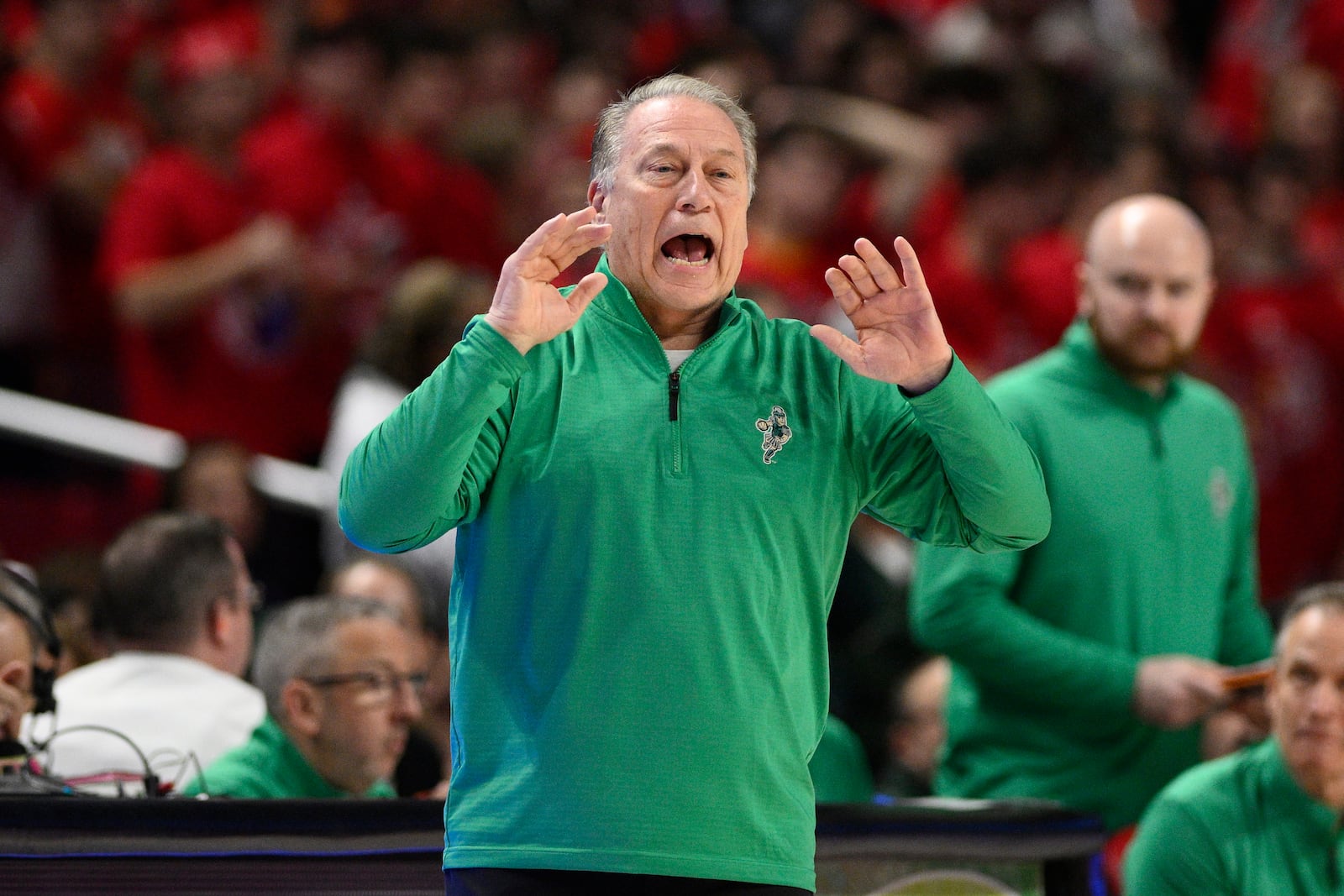 Michigan State head coach Tom Izzo reacts during the first half of an NCAA college basketball game against Maryland, Wednesday, Feb. 26, 2025, in College Park, Md. (AP Photo/Nick Wass)