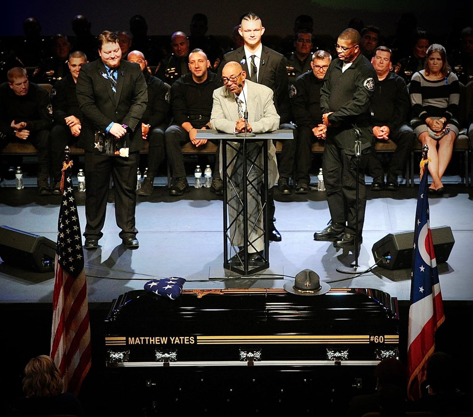 Eugene Yates, center, father of fallen Clark County deputy Matthew Yates remembers his son during the funeral. MARSHALL GORBY \STAFF