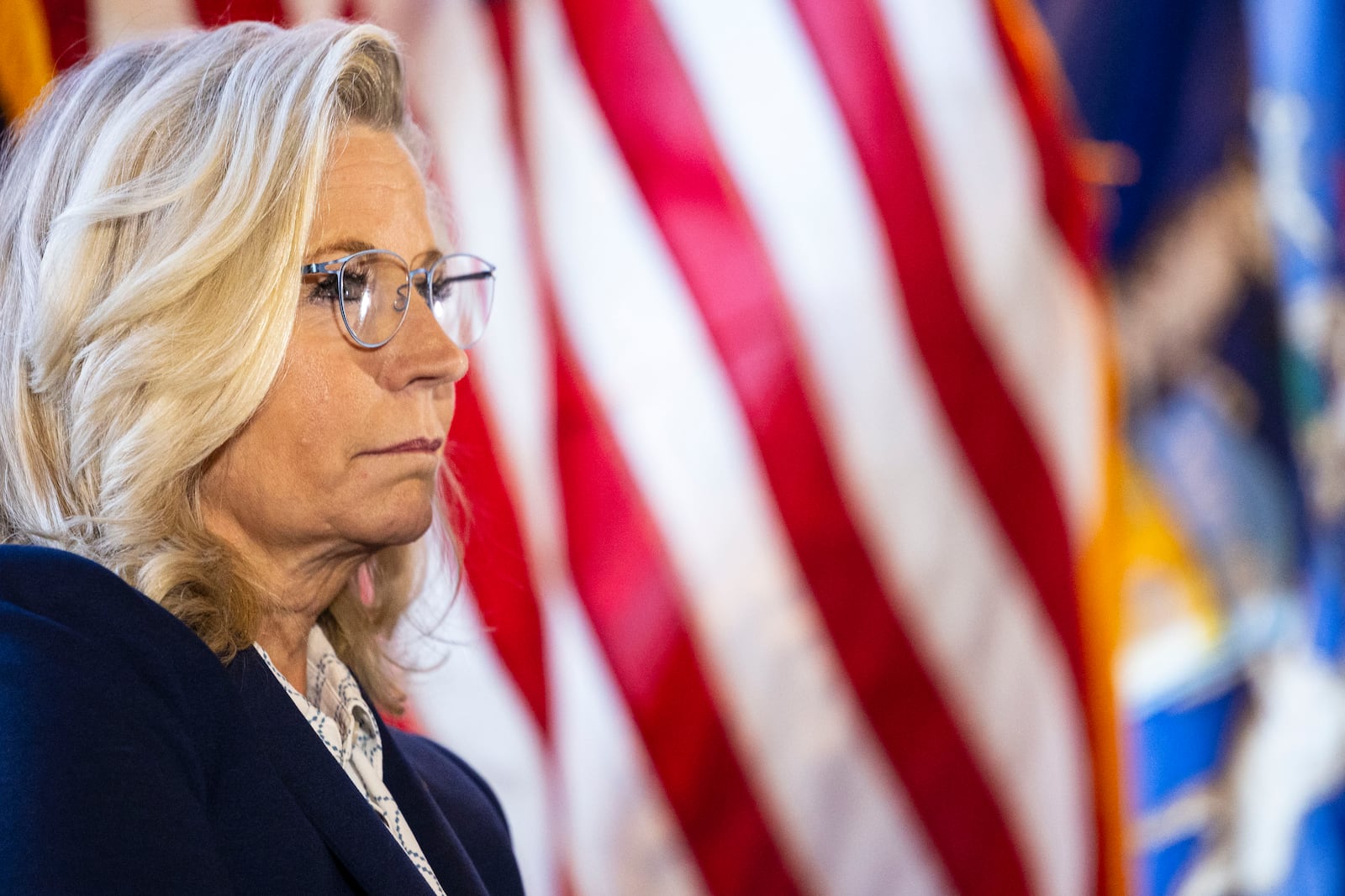 Former Rep. Liz Cheney listens in as U.S. Rep. Elissa Slotkin, D- Holly speaks during a campaign event at New Vintage Place in Grand Rapids, Mich. on Monday, Oct. 28, 2024. Slotkin is battling republican candidate Mike Rogers for the seat of Democratic Sen. Debbie Stabenow, who is retiring. (Joel Bissell/Kalamazoo Gazette via AP)