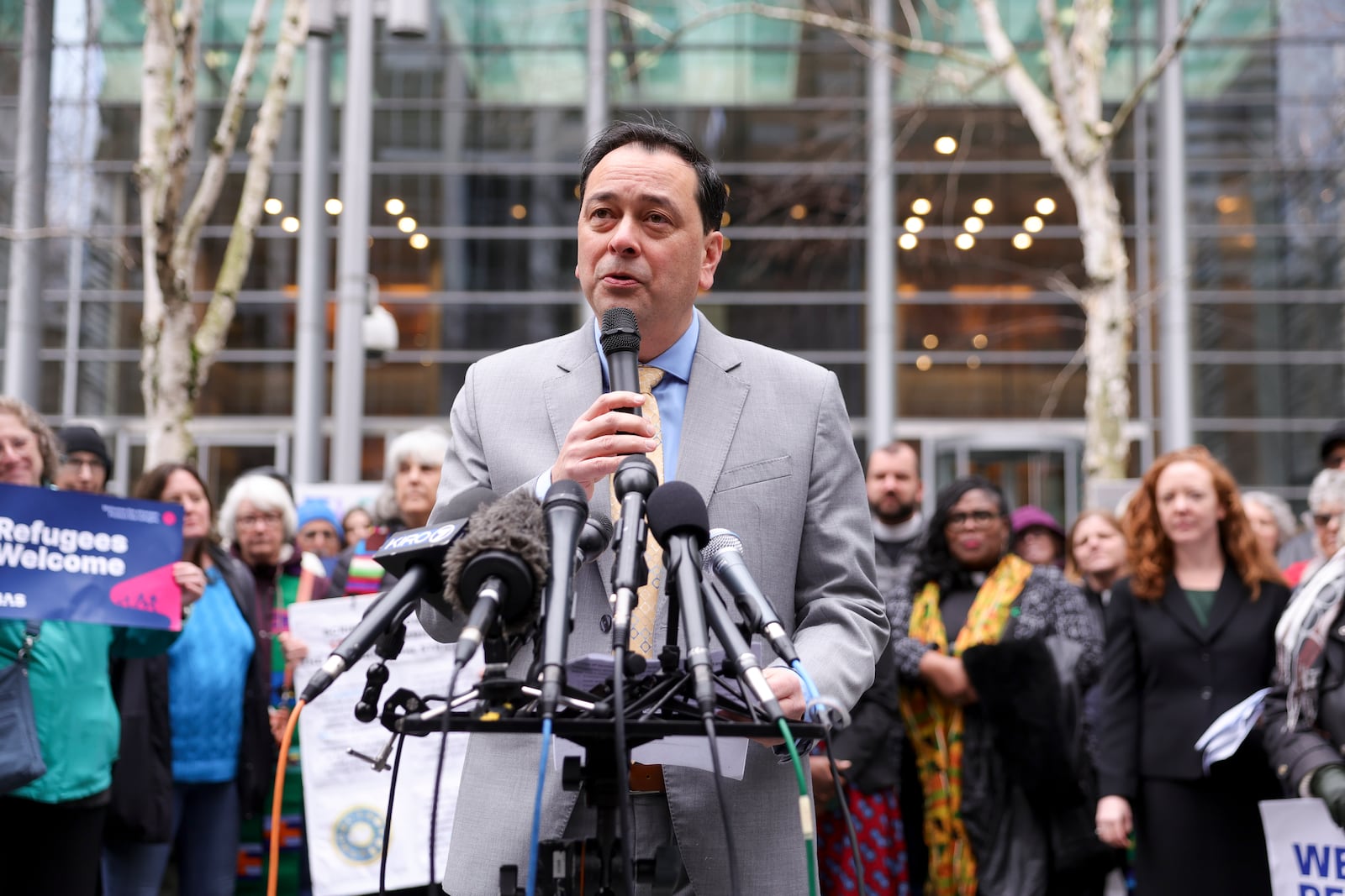 Deputy Mayor for the City of Seattle, Greg Wong speaks during a rally outside the U.S District Court after a federal judge blocked President Donald Trump's effort to halt the nation's refugee admissions system, Tuesday, Feb. 25, 2025 in Seattle. (AP Photo/Ryan Sun)