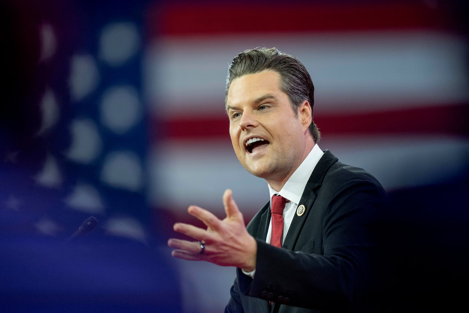 FILE - Rep. Matt Gaetz, R-Fla., speaks during the Conservative Political Action Conference, CPAC 2024, at the National Harbor, in Oxon Hill, Md., Feb. 23, 2024. (AP Photo/Alex Brandon, File)