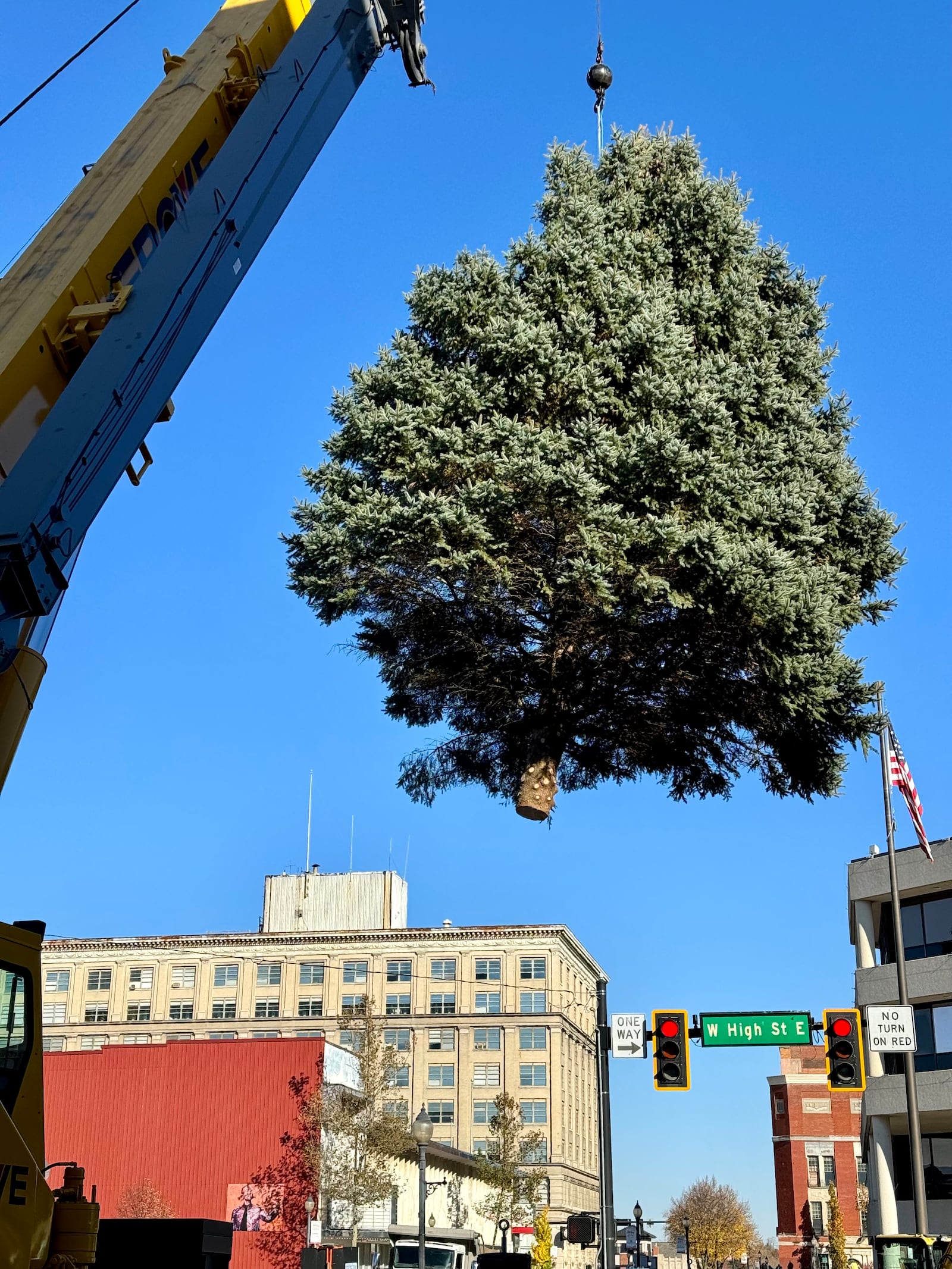 The annual Holiday in the City tree arrived in downtown Springfield on Friday, November 10, 2023. The tree was donated by Rick and Beth Stumpf. The events begin the weekend after Thanksgiving and run six weeks. BEN MCLAUGHLIN/STAFF