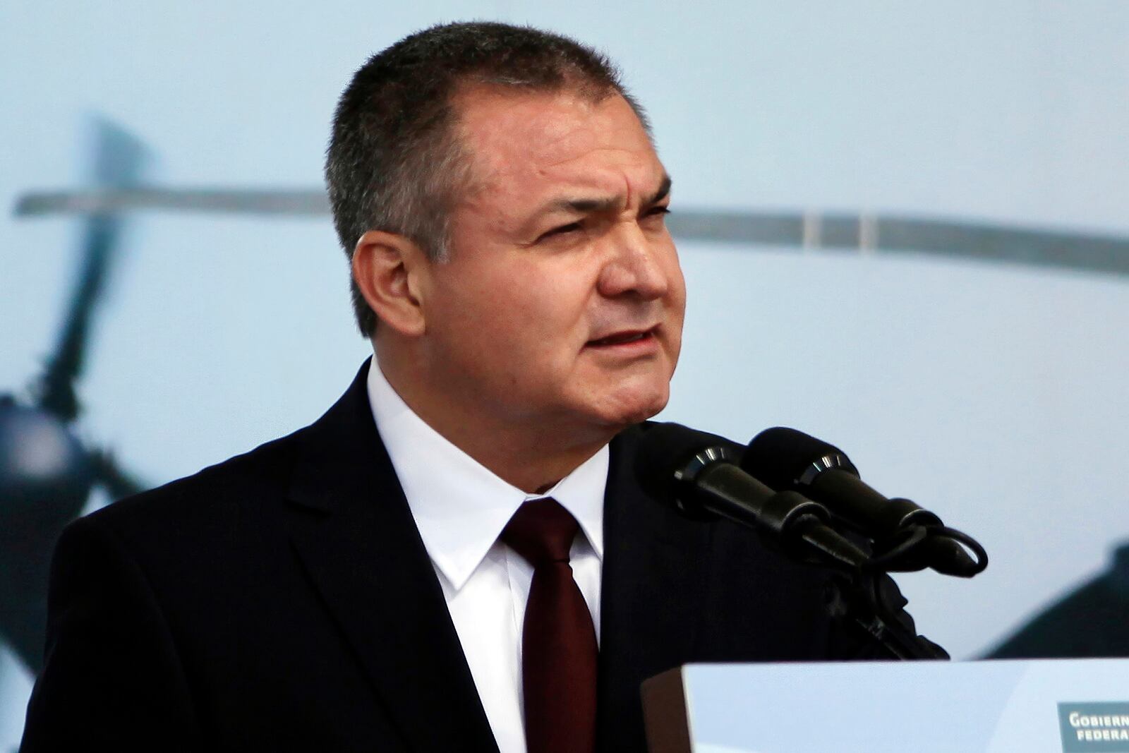 FILE - Mexico's Genaro Garcia Luna speaks during a ceremony to designate June 2 as Federal Police Day in Mexico City, June 2, 2011. (AP Photo/Alexandre Meneghini, File)