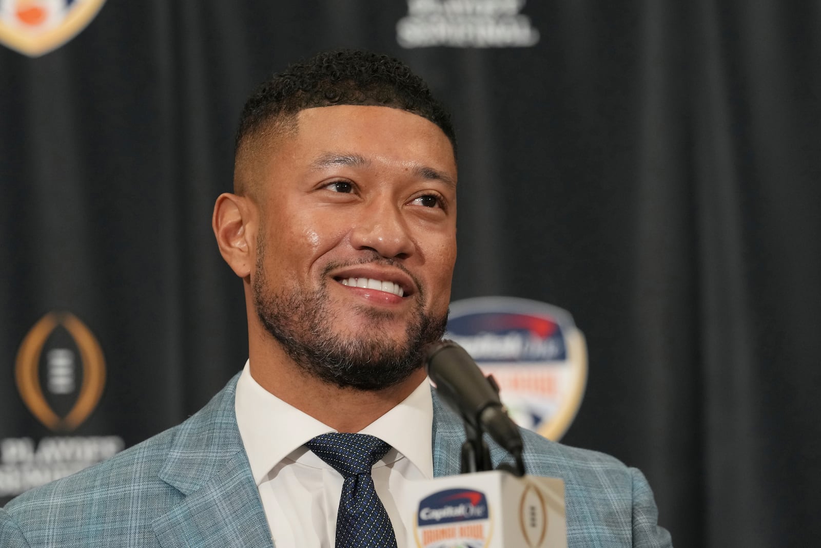 Notre Dame head coach Marcus Freeman speaks during a news conference for the Orange Bowl NCAA College Football Playoff game, Wednesday, Jan. 8, 2025, in Dania Beach, Fla. (AP Photo/Marta Lavandier)