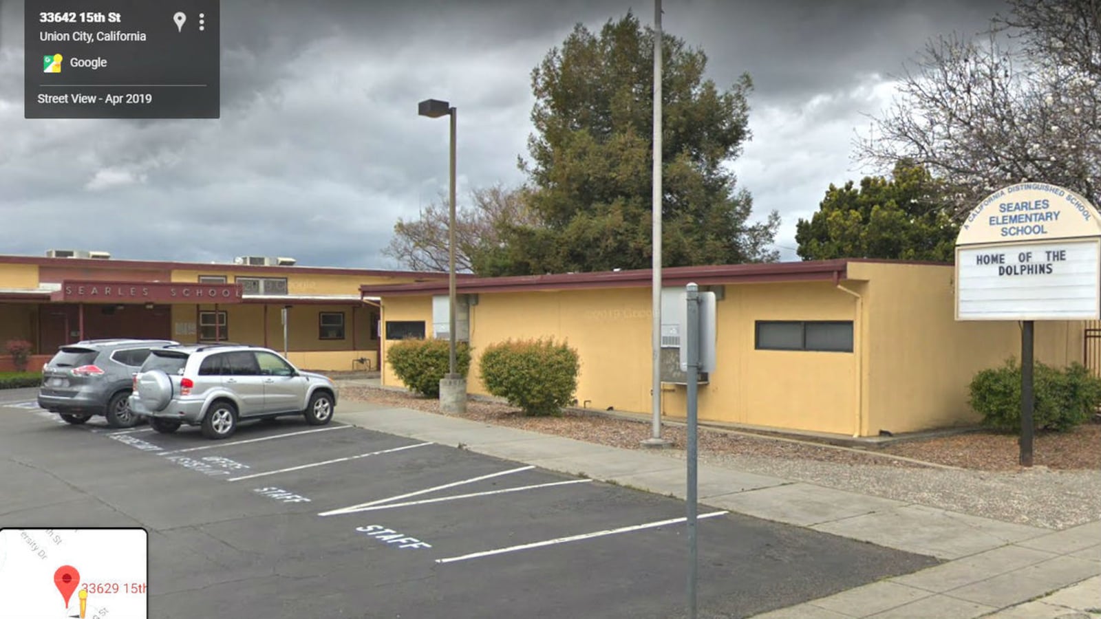 Searles Elementary School in Union City, Calif., is pictured in an April 2019 Street View image. Two children, ages 11 and 14, were shot and killed in the school's parking lot early Saturday, Nov. 23, 2019.