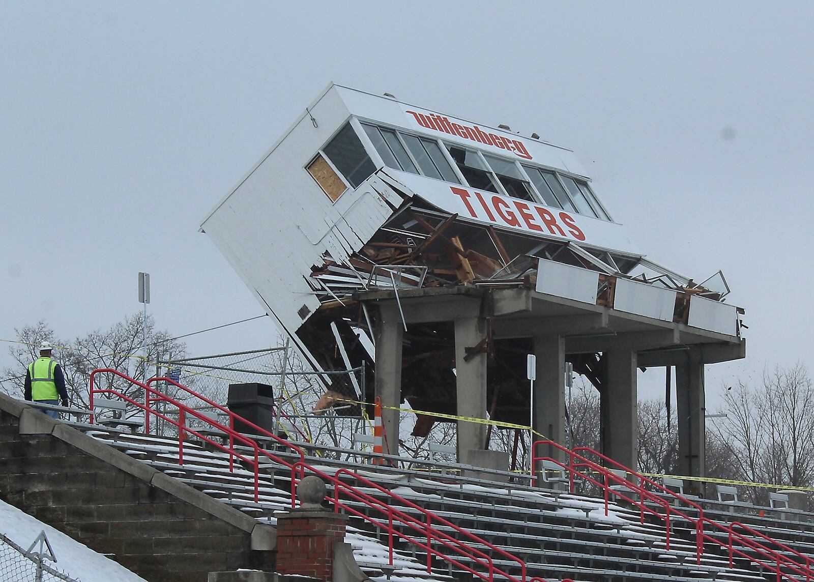 The old Wittenberg press box is torn down Tuesday. The school is building an athletic facility and it will include a press box at the football field. Jeff Guerini/Staff