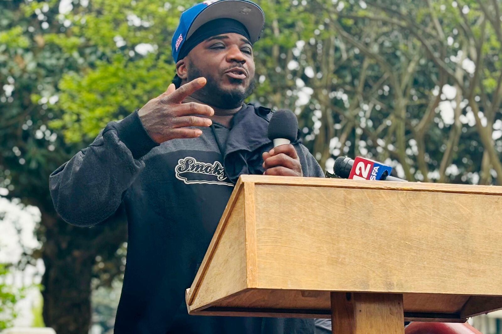 LeAndrew Hood speaks about his father, Rocky Myers who is facing execution at a rally on March 21, 2024 outside the Alabama Statehouse in Montgomery, Ala. (AP Photo/Kim Chandler)