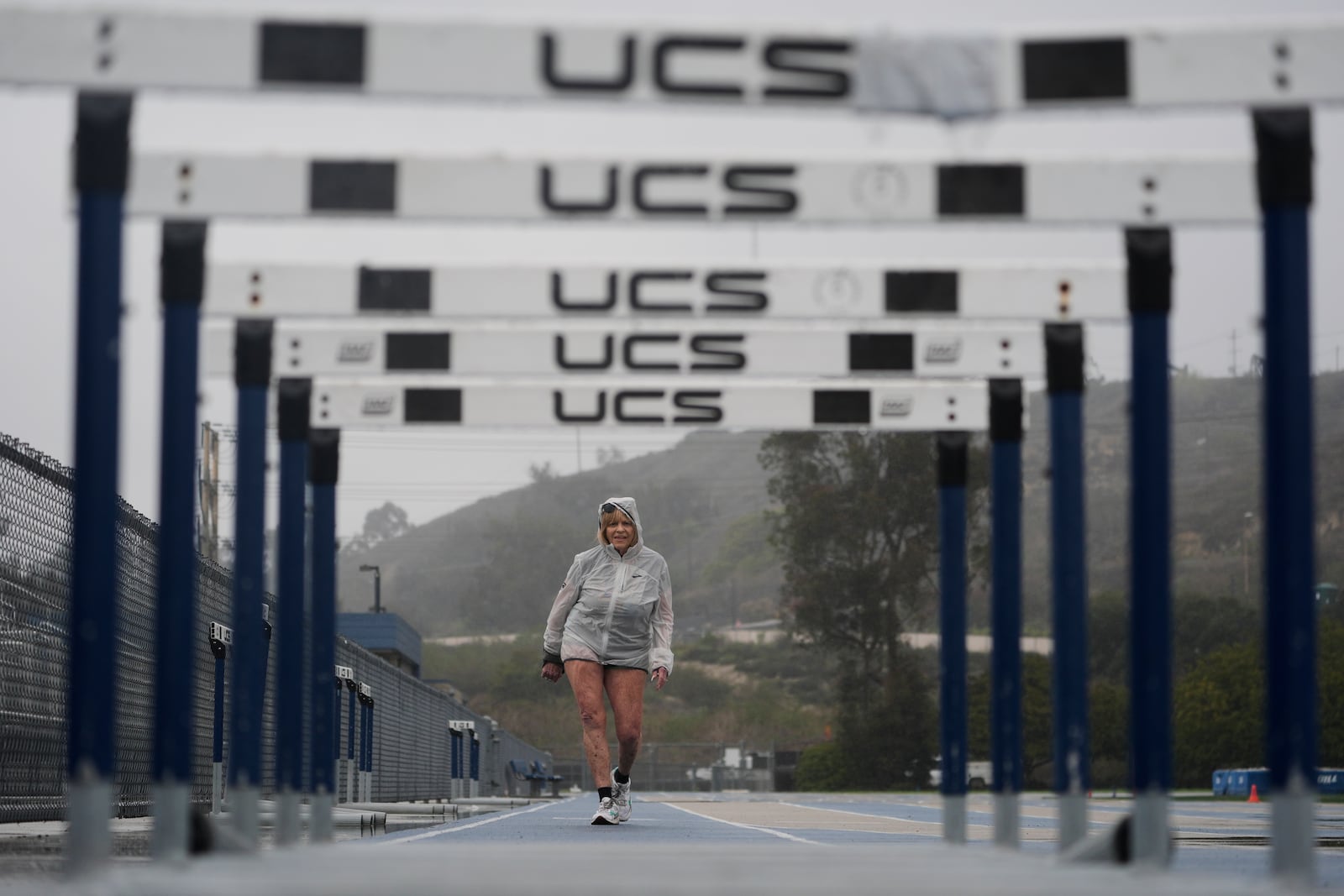 Sharon Kerson, 83, trains for the Los Angeles Marathon at the West Los Angeles College track in Culver City, Calif., Thursday, March 13, 2025. (AP Photo/Damian Dovarganes)