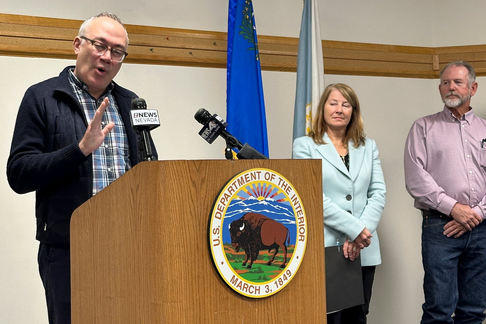 Steve Feldgus, principal deputy assistant U.S. interior secretary for land and minerals management, speaks to reporters at BLM's Nevada headquarters in Reno, Nev., Thursday, Oct. 24, 2024, during a news conference announcing approval of a federal permit for Ioneer Ltd.'s lithium-boron mine now scheduled to begin construction next year near the California line about halfway between Reno and Las Vegas. Environmentalists are threatening to sue to try to block the mine they say will drive an endangered wildflower to extinction. (AP Photo/Scott Sonner)