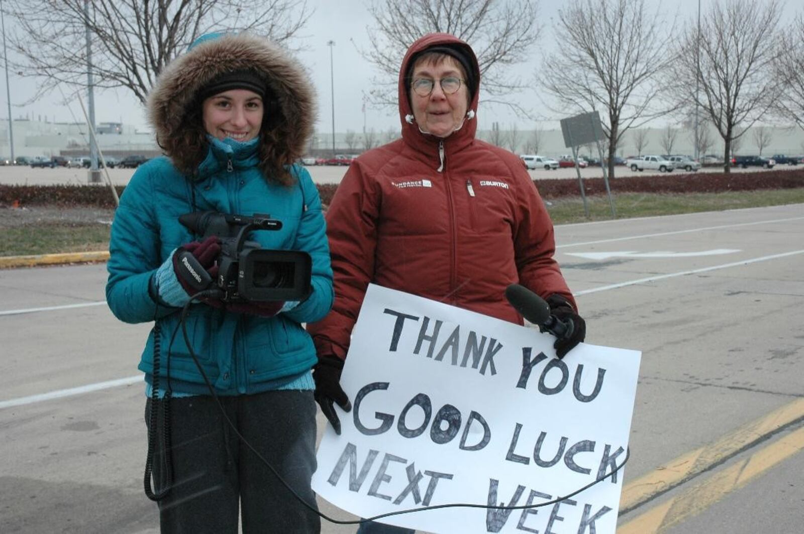 Julia Reichert and cinematographer Amy Faust filming outside the GM Plant during the making of "The Last Truck: Closing of a GM Plant." Photo by Annie Reichert