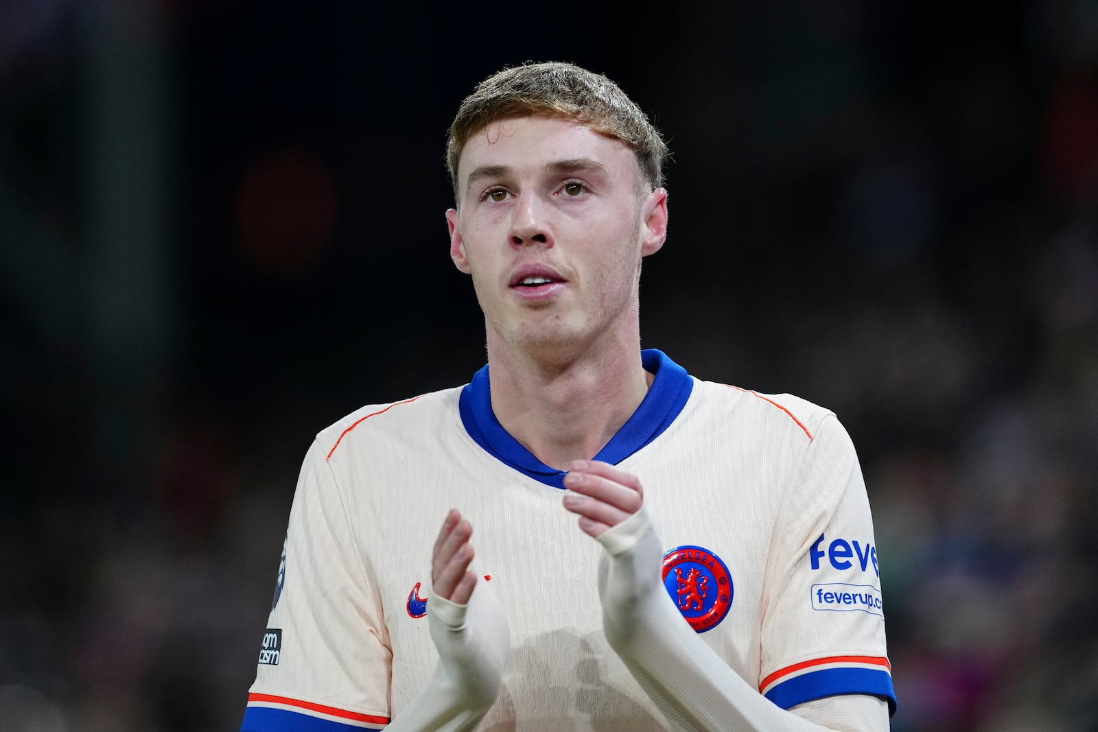 Chelsea's Cole Palmer reatcs during the English Premier League soccer match between Crystal Palace and Chelsea in London, Saturday, Jan. 4, 2025. (AP Photo/Dave Shopland)