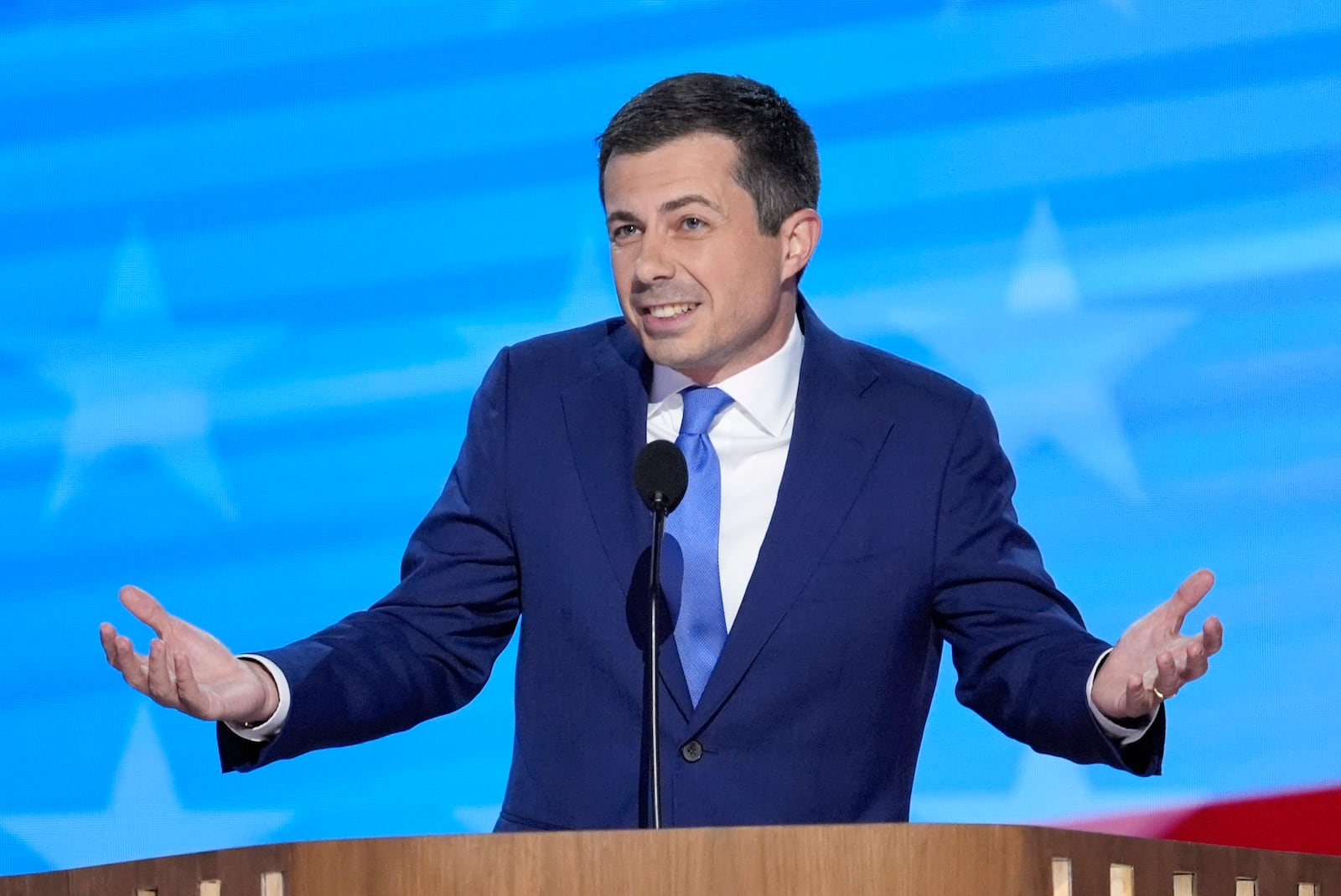 FILE - Transportation Secretary Pete Buttigieg speaks during the Democratic National Convention, Aug. 21, 2024, in Chicago. (AP Photo/J. Scott Applewhite, File)