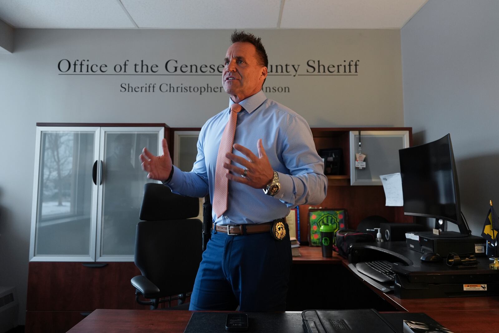 Genesee County Sheriff Chris Swanson talks in his office, Jan. 28, 2025 in Flint, Mich. (AP Photo/Paul Sancya)