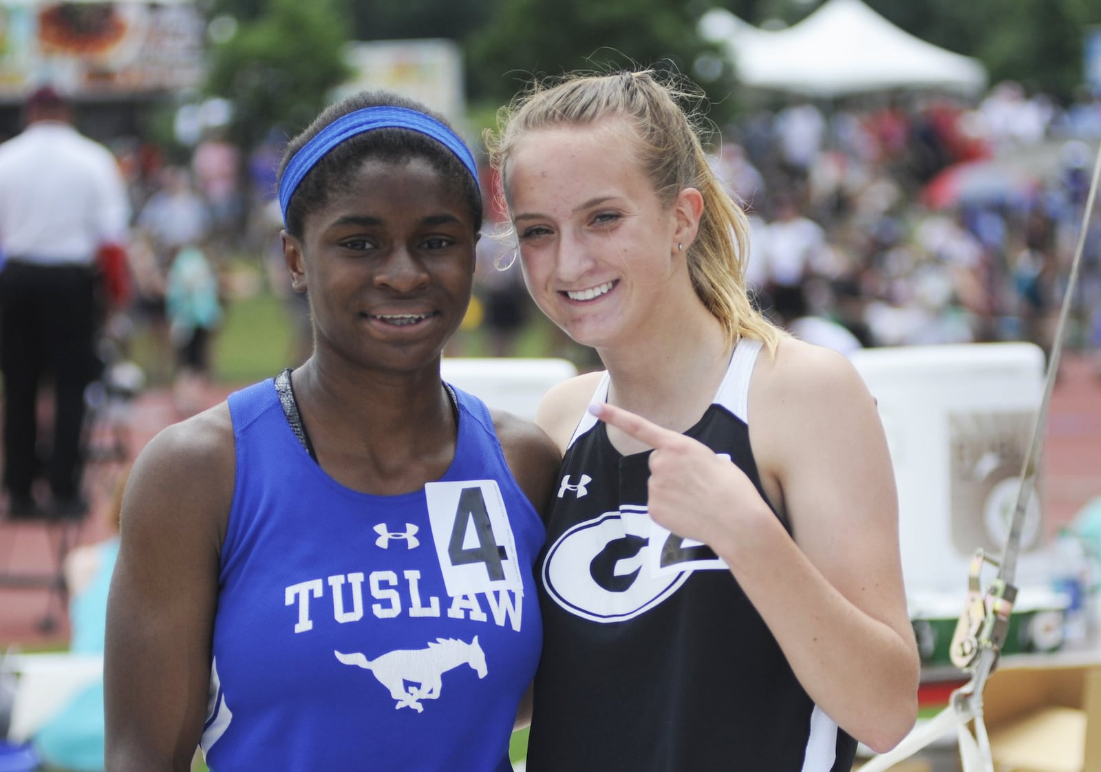 Greenon sophomore Delaney Benedict (right) was second to Tuslaw’s Ke’Aijhan Strong in the D-II 400 during the state track and field meet at OSU’s Jesse Owens Memorial Stadium in Columbus on Saturday, June 2, 2018. MARC PENDLETON / STAFF