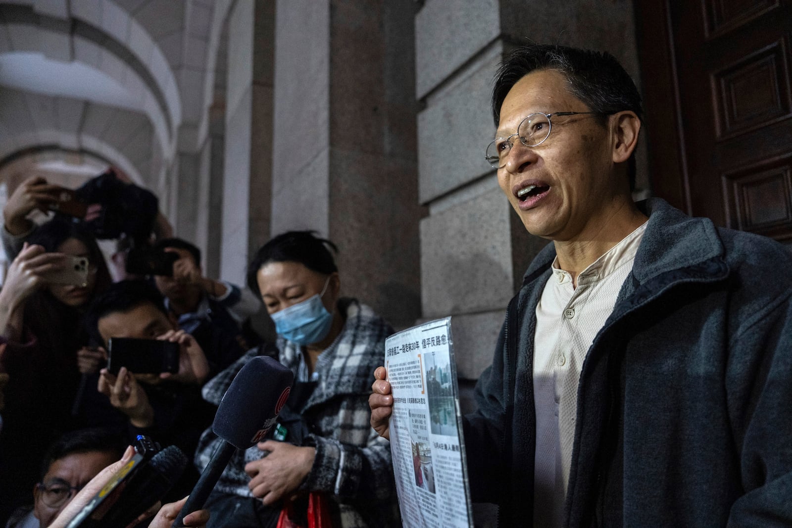 Tang Ngok-kwan, one of core members of the Hong Kong Alliance in Support of Patriotic Democratic Movements of China, speaks to the members of the media, at the Court of Final Appeal in Hong Kong, Thursday, March 6, 2025. (AP Photo/Chan Long Hei)