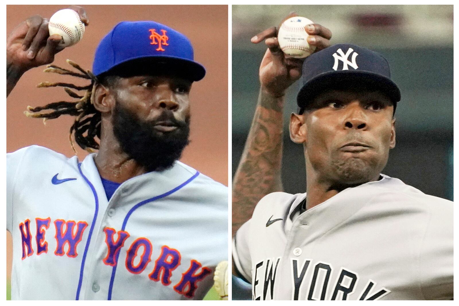 FILE - This combo of file photos shows New York Mets relief pitcher Miguel Castro, left, on Sept. 2, 2020, and as a New York Yankees player on June 9, 2022. (AP Photo/File)