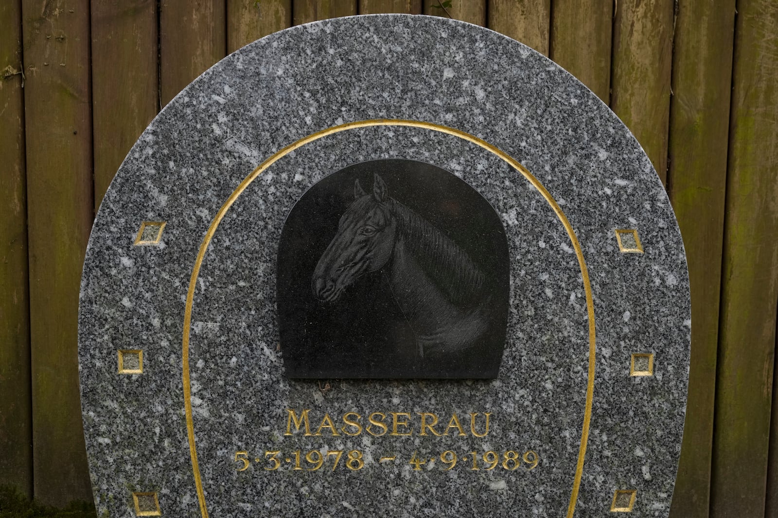 A grave for a horse named "Masserau" is seen at the pet cemetery of Asnieres-sur-Seine, west of Paris, Friday, Feb. 21, 2025. (AP Photo/Michel Euler)