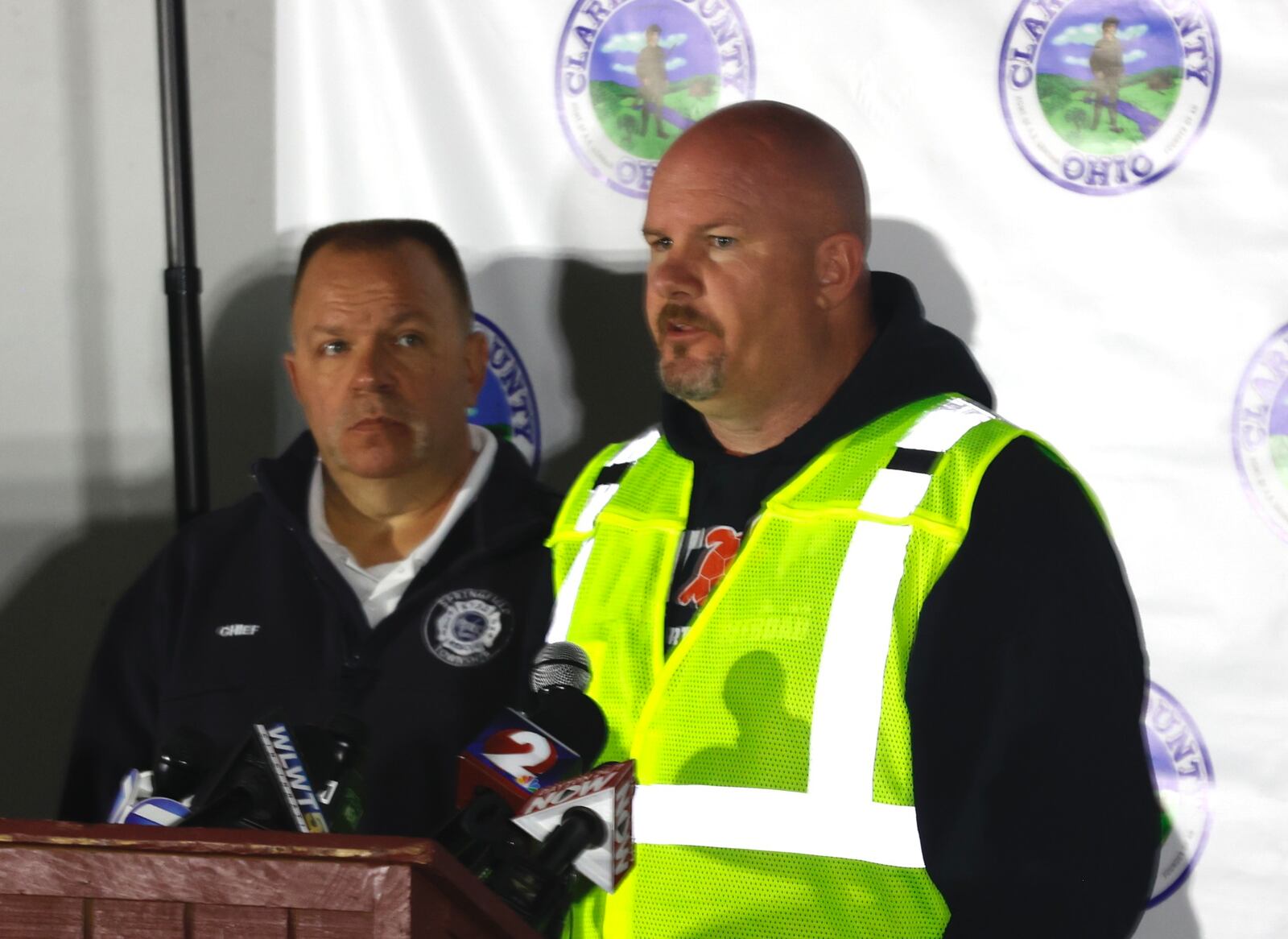 Kraig Barner, from Norfolk Southern, speaks during a press conference in regards to the Clark County train derailment Sunday, March 5, 2023. BILL LACKEY/STAFF