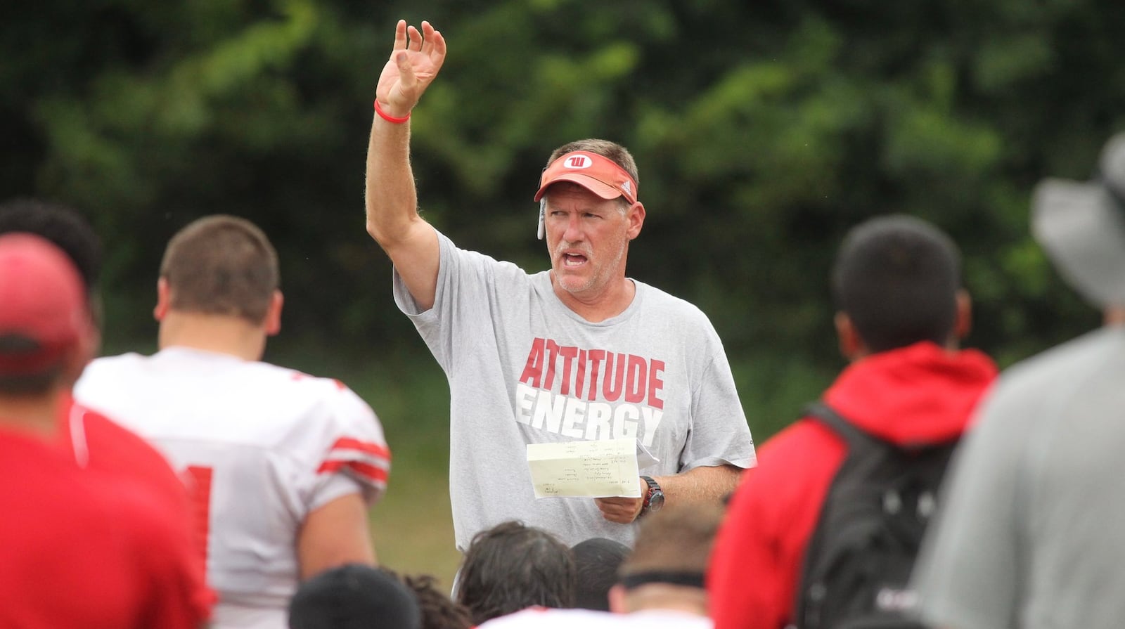 Wittenberg coach Joe Fincham talks to the players at practice on Monday, Aug. 29, 2017, in Springfield. David Jablonski/Staff