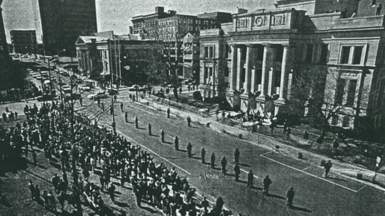 More than 300 people mostly from out of town flocked downtown outside the Clark County Courthouse during a Ku Klux Klan rally in March of 1994. FILE PHOTO